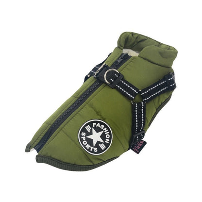 Waterproof dog jacket featuring insulated lining for winter comfort, made from durable polyester cotton, perfect for keeping your pet warm in cold weather. 0