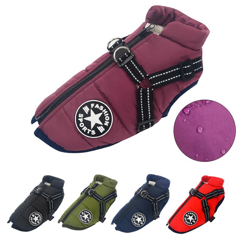 Waterproof dog jacket featuring insulated lining for winter comfort, made from durable polyester cotton, perfect for keeping your pet warm in cold weather. 1