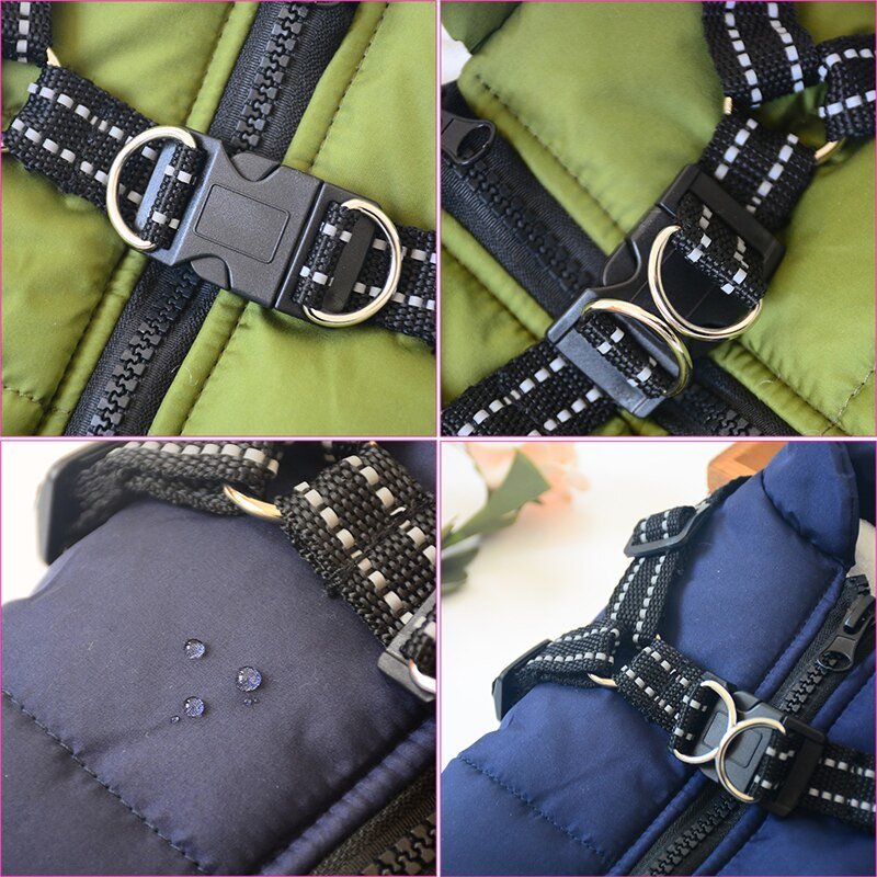 Waterproof dog jacket featuring insulated lining for winter comfort, made from durable polyester cotton, perfect for keeping your pet warm in cold weather. 5