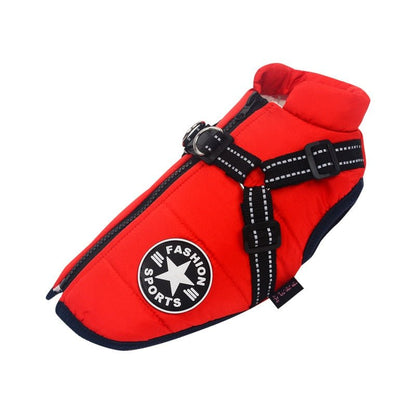 Waterproof dog jacket featuring insulated lining for winter comfort, made from durable polyester cotton, perfect for keeping your pet warm in cold weather. 2