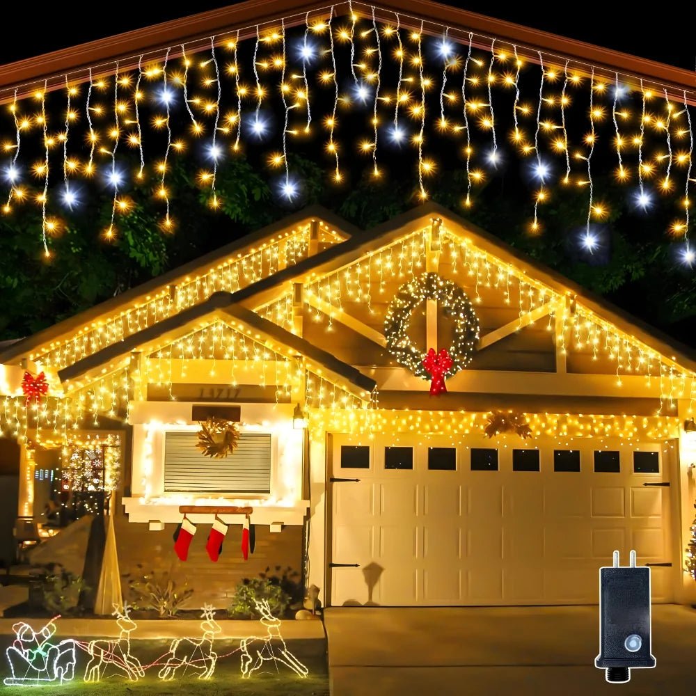 Waterproof LED outdoor light curtain with warm white illumination, perfect for patios and balconies, featuring energy-efficient design for festive decor. 0