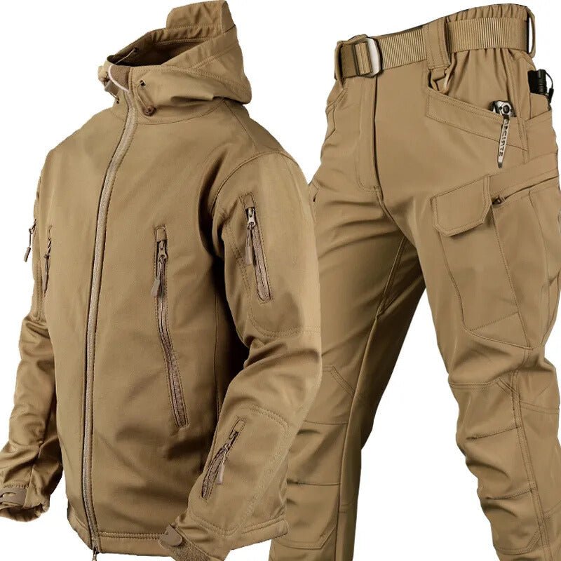 Waterproof outdoor set featuring an adjustable hood and soft fleece lining, designed for windproof protection in all weather conditions. 13