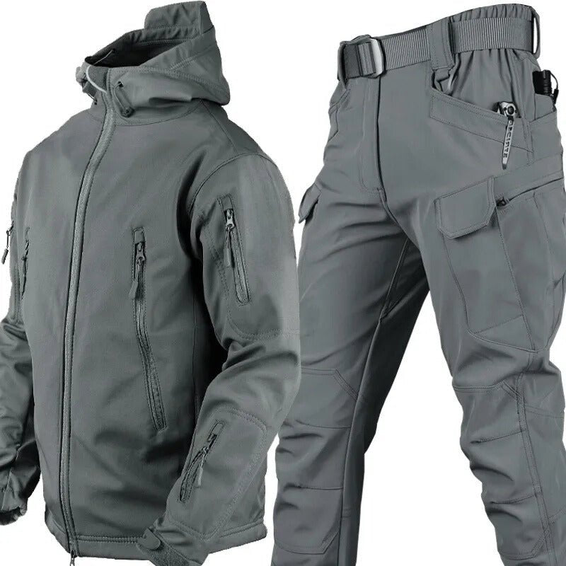 Waterproof outdoor set featuring an adjustable hood and soft fleece lining, designed for windproof protection in all weather conditions. 11