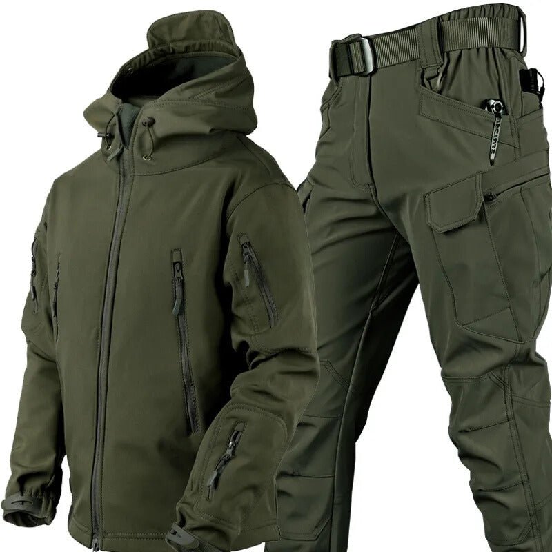Waterproof outdoor set featuring an adjustable hood and soft fleece lining, designed for windproof protection in all weather conditions. 12