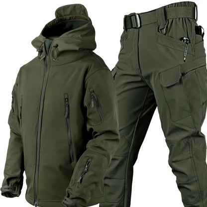 Waterproof outdoor set featuring an adjustable hood and soft fleece lining, designed for windproof protection in all weather conditions. 12