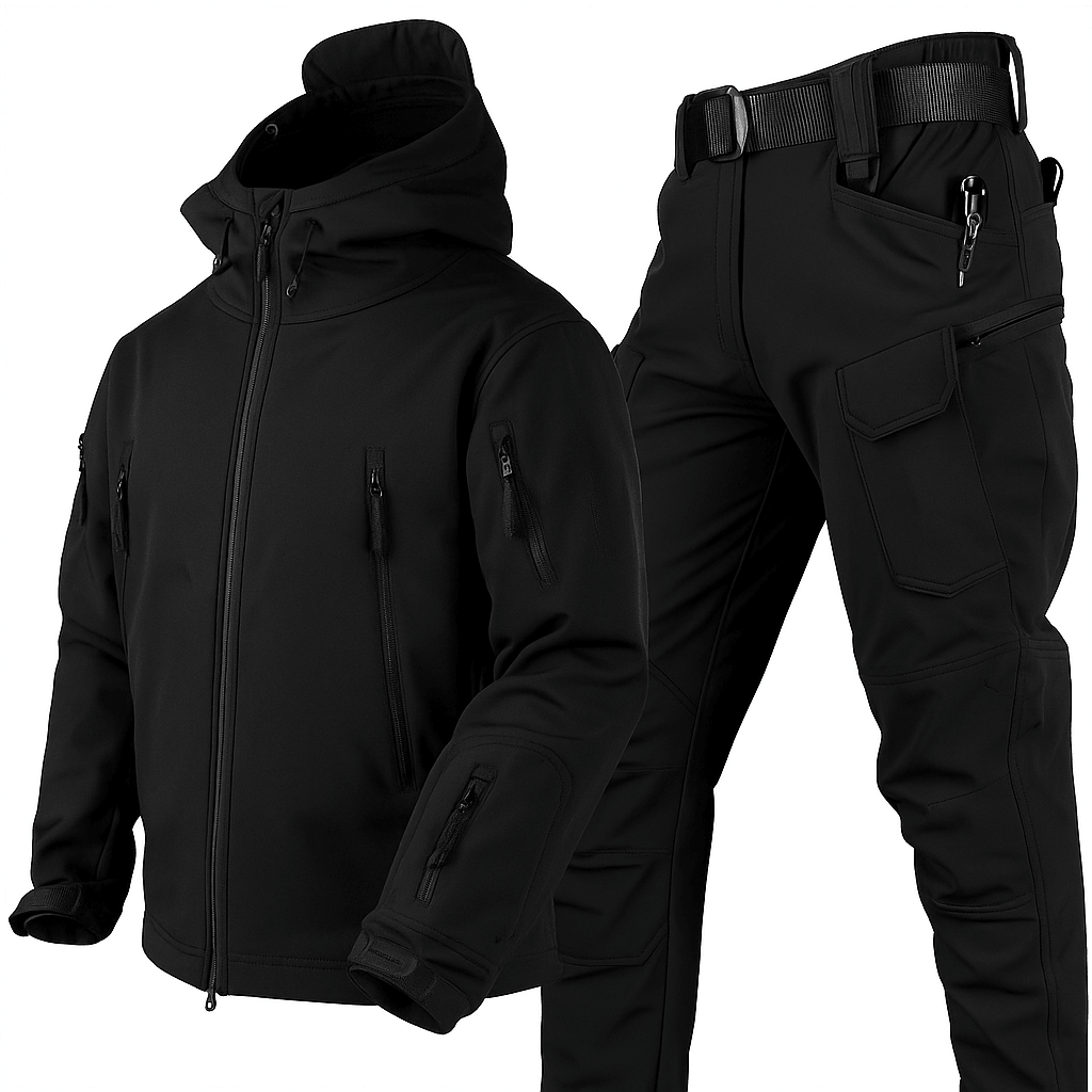 Waterproof outdoor set featuring an adjustable hood and soft fleece lining, designed for windproof protection in all weather conditions. 1