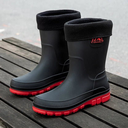 Waterproof rain boots for men featuring a slip-resistant sole and mid-calf outdoor design, ideal for wet conditions and outdoor activities. 5