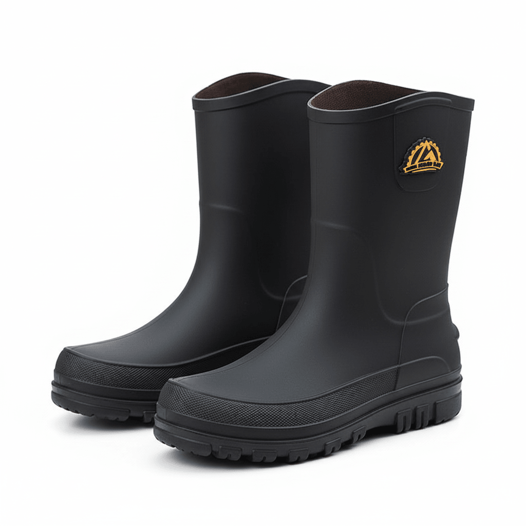 Waterproof rain boots for men featuring a slip-resistant sole and mid-calf outdoor design, ideal for wet conditions and outdoor activities. 2