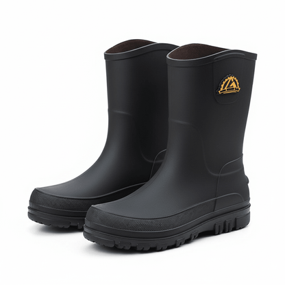 Waterproof rain boots for men featuring a slip-resistant sole and mid-calf outdoor design, ideal for wet conditions and outdoor activities. 2