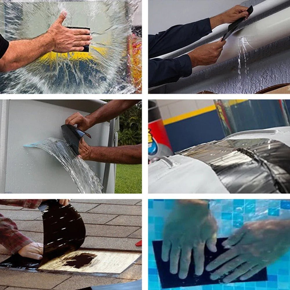 Waterproof repair tape featuring a weather-resistant polymer adhesive, designed for instant leak sealing in both indoor and outdoor applications. 3