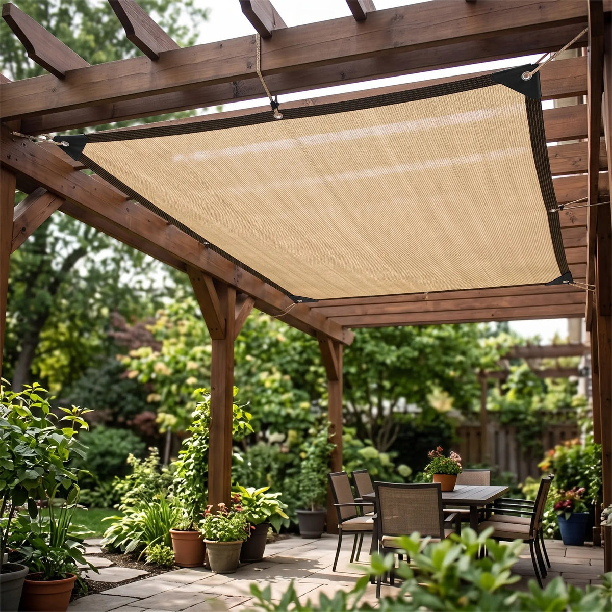 Waterproof rectangular shade sail made of high-density polyethylene, featuring reinforced corners, designed for outdoor shading with 90% UV protection. 1