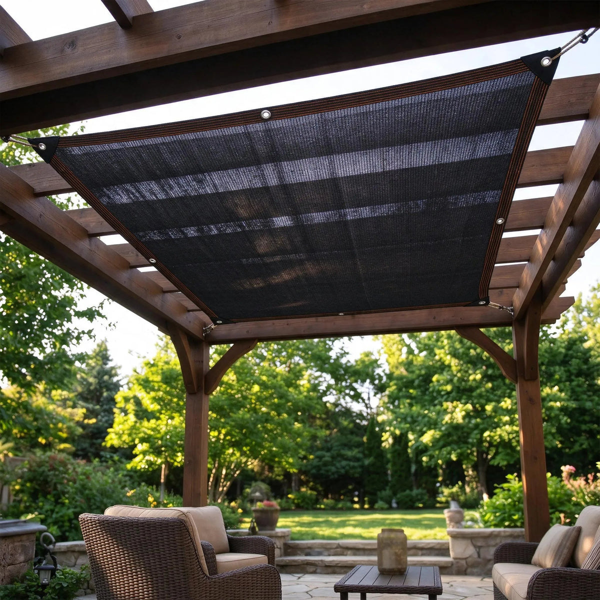 Waterproof rectangular shade sail made of high-density polyethylene, featuring reinforced corners, designed for outdoor shading with 90% UV protection. 4