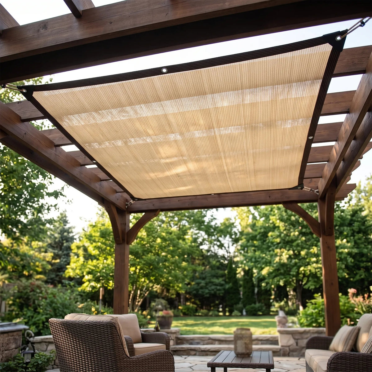 Waterproof rectangular shade sail made of high-density polyethylene, featuring reinforced corners, designed for outdoor shading with 90% UV protection. 0