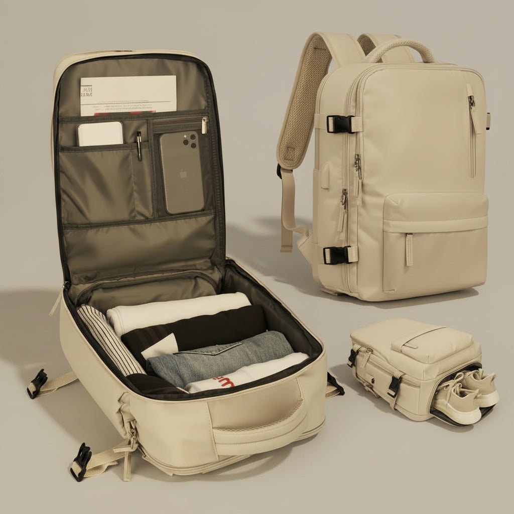 Waterproof travel backpack made of durable Oxford fabric, featuring multiple pockets for organized storage, ideal for carry-on and day trips. 0
