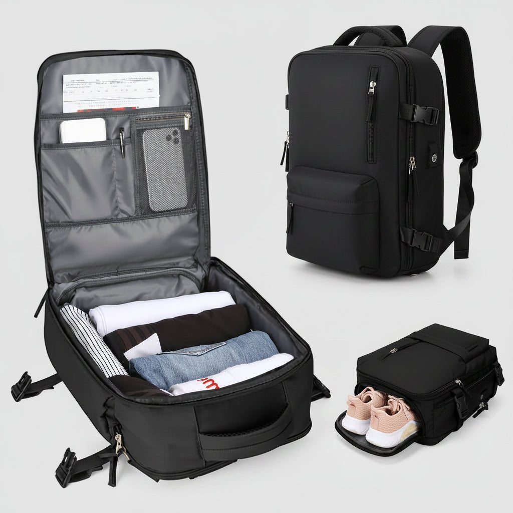 Waterproof travel backpack made of durable Oxford fabric, featuring multiple pockets for organized storage, ideal for carry-on and day trips. 1