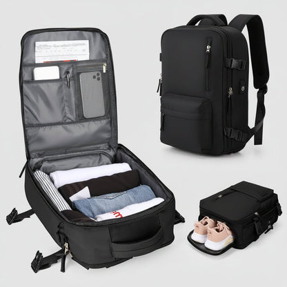 Waterproof travel backpack made of durable Oxford fabric, featuring multiple pockets for organized storage, ideal for carry-on and day trips. 1