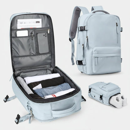 Waterproof travel backpack made of durable Oxford fabric, featuring multiple pockets for organized storage, ideal for carry-on and day trips. 2
