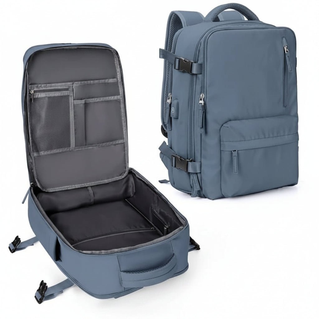 Waterproof travel backpack made of durable Oxford fabric, featuring multiple pockets for organized storage, ideal for carry-on and day trips. 4