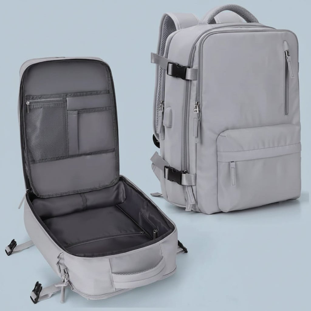 Waterproof travel backpack made of durable Oxford fabric, featuring multiple pockets for organized storage, ideal for carry-on and day trips. 7