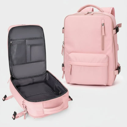 Waterproof travel backpack made of durable Oxford fabric, featuring multiple pockets for organized storage, ideal for carry-on and day trips. 6