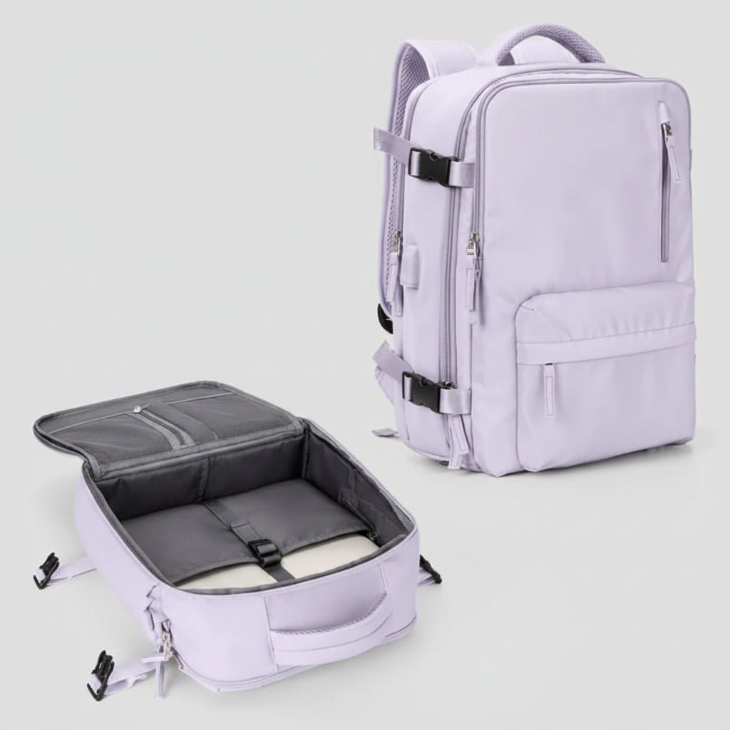 Waterproof travel backpack made of durable Oxford fabric, featuring multiple pockets for organized storage, ideal for carry-on and day trips. 5