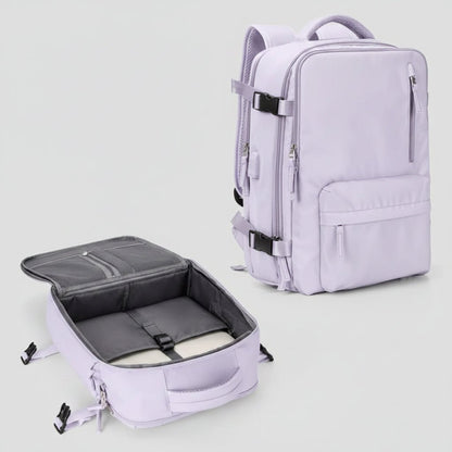 Waterproof travel backpack made of durable Oxford fabric, featuring multiple pockets for organized storage, ideal for carry-on and day trips. 5