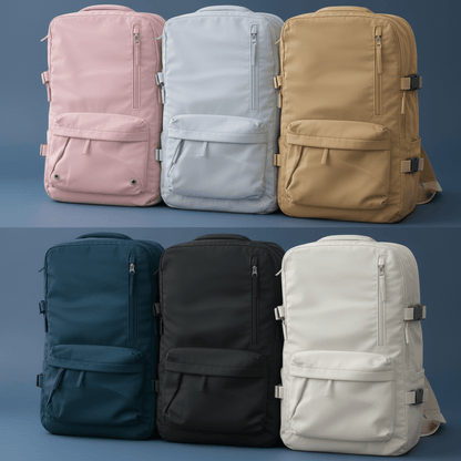 Waterproof travel backpack made of durable Oxford fabric, featuring multiple pockets for organized storage, ideal for carry-on and day trips. 8