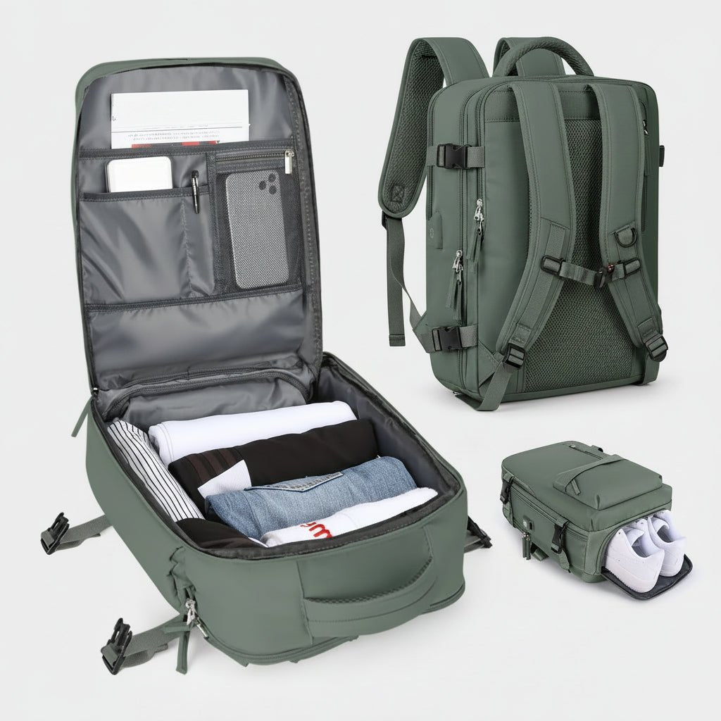 Waterproof travel backpack made of durable Oxford fabric, featuring multiple pockets for organized storage, ideal for carry-on and day trips. 3