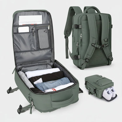 Waterproof travel backpack made of durable Oxford fabric, featuring multiple pockets for organized storage, ideal for carry-on and day trips. 3