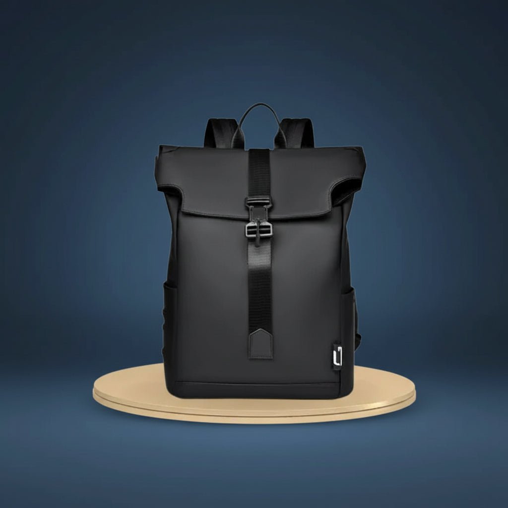 Waterproof travel backpack in minimalist black design featuring a USB charging port and roll-top closure, ideal for carrying laptops and daily essentials. 0
