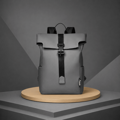 Waterproof travel backpack in minimalist black design featuring a USB charging port and roll-top closure, ideal for carrying laptops and daily essentials. 1