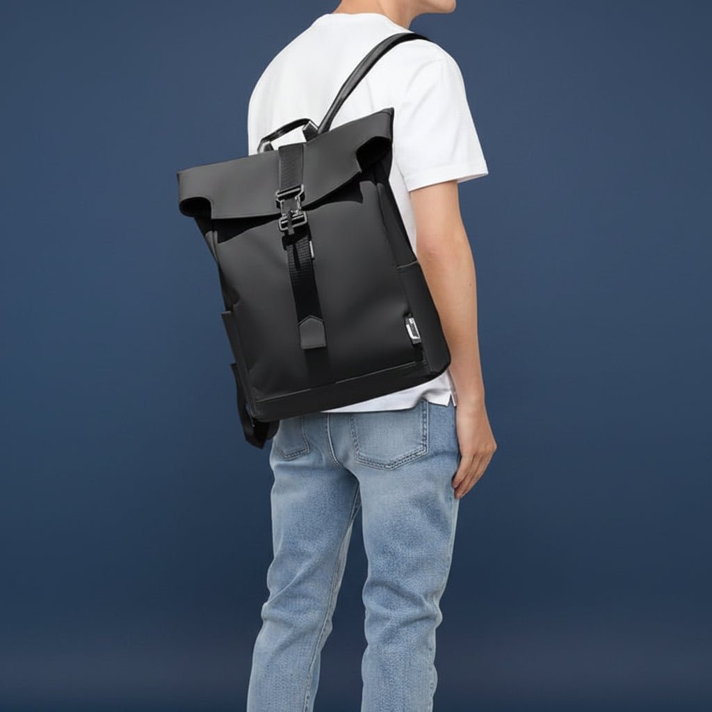 Waterproof travel backpack in minimalist black design featuring a USB charging port and roll-top closure, ideal for carrying laptops and daily essentials. 4