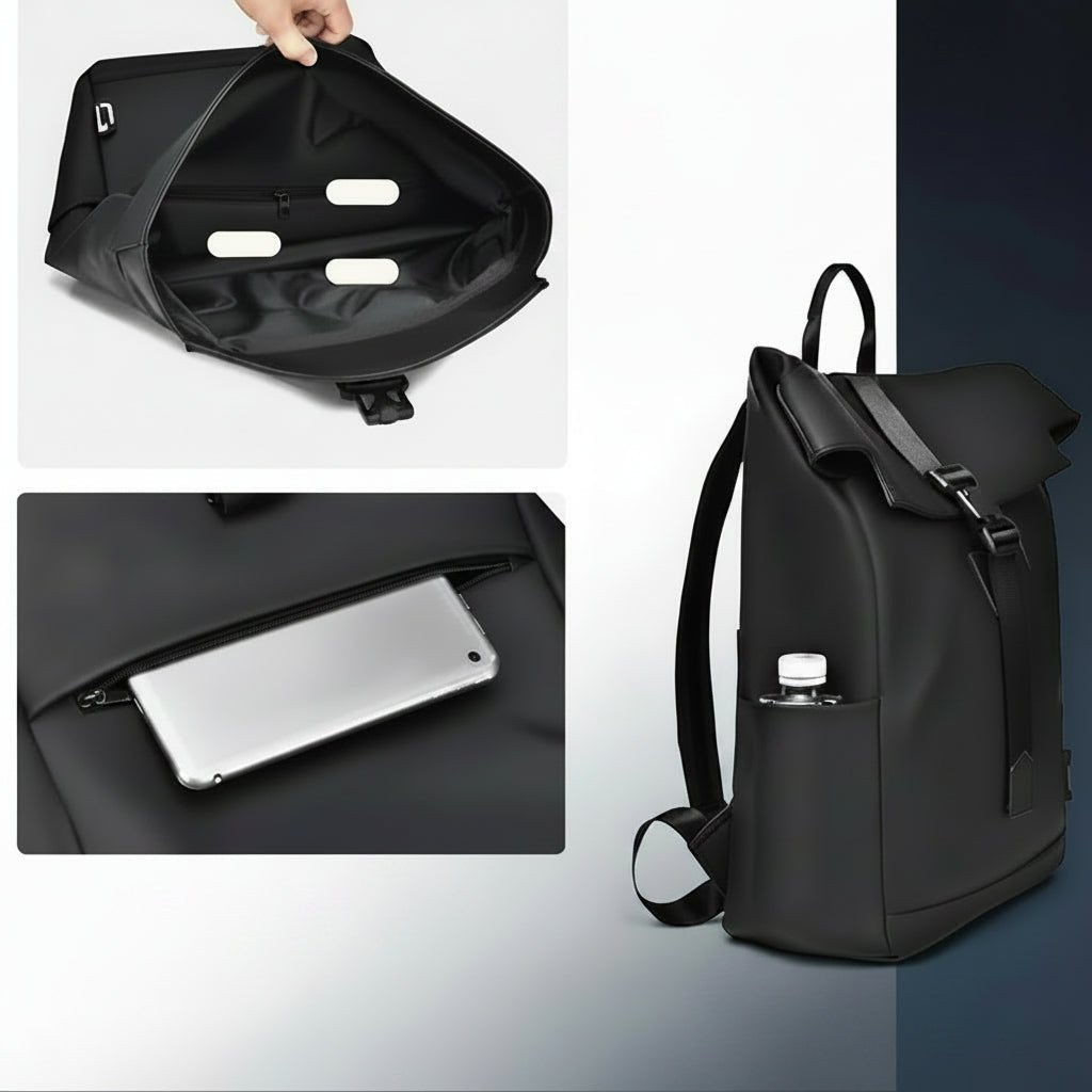 Waterproof travel backpack in minimalist black design featuring a USB charging port and roll-top closure, ideal for carrying laptops and daily essentials. 6