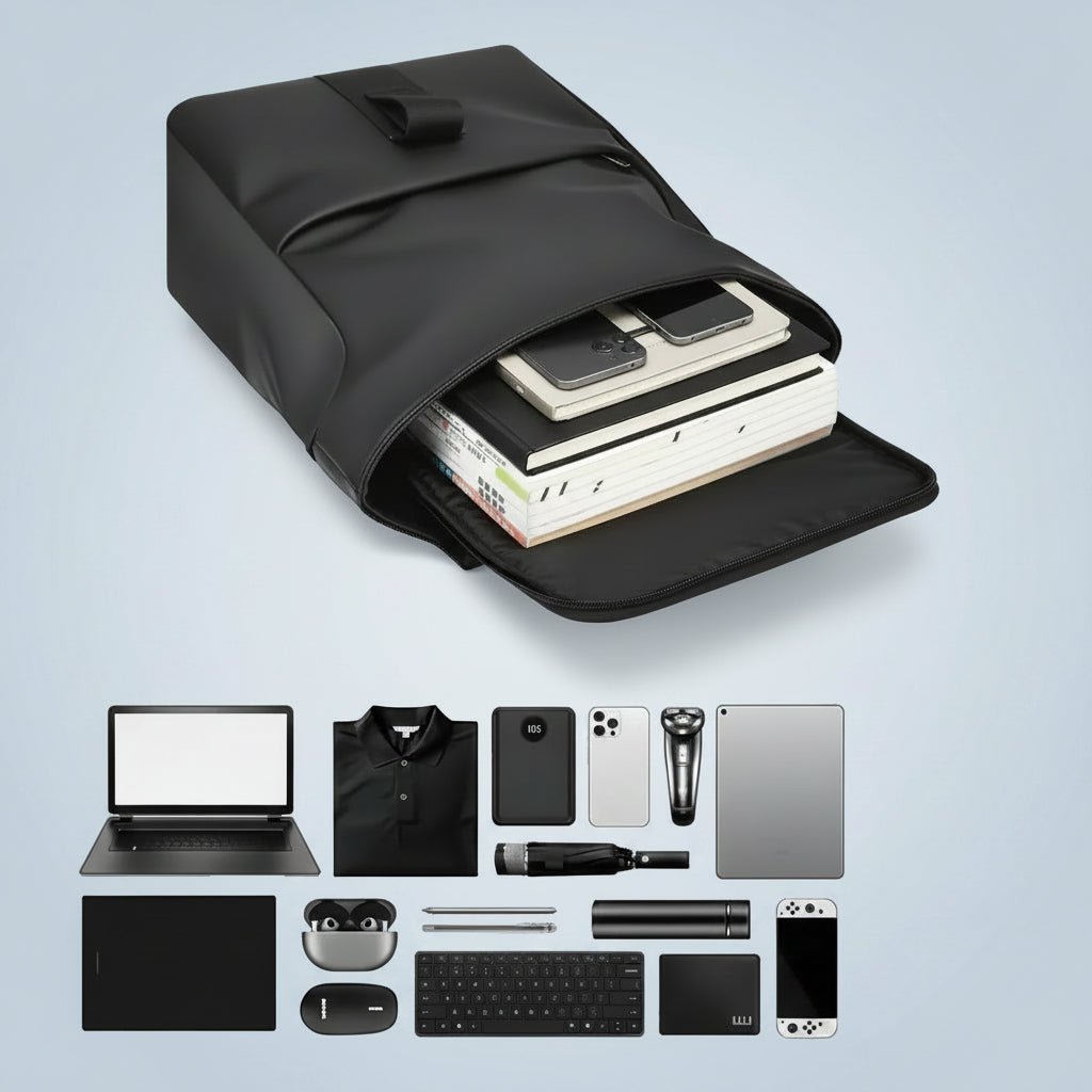 Waterproof travel backpack in minimalist black design featuring a USB charging port and roll-top closure, ideal for carrying laptops and daily essentials. 7