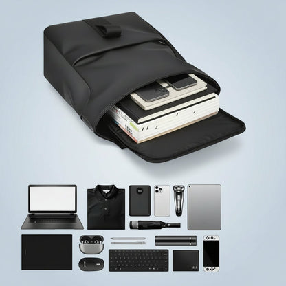 Waterproof travel backpack in minimalist black design featuring a USB charging port and roll-top closure, ideal for carrying laptops and daily essentials. 7