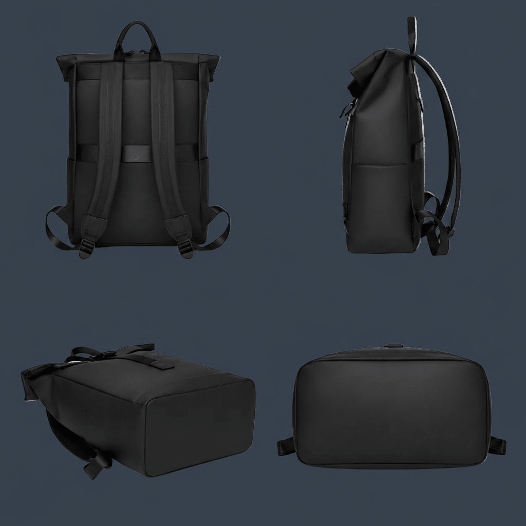 Waterproof travel backpack in minimalist black design featuring a USB charging port and roll-top closure, ideal for carrying laptops and daily essentials. 5