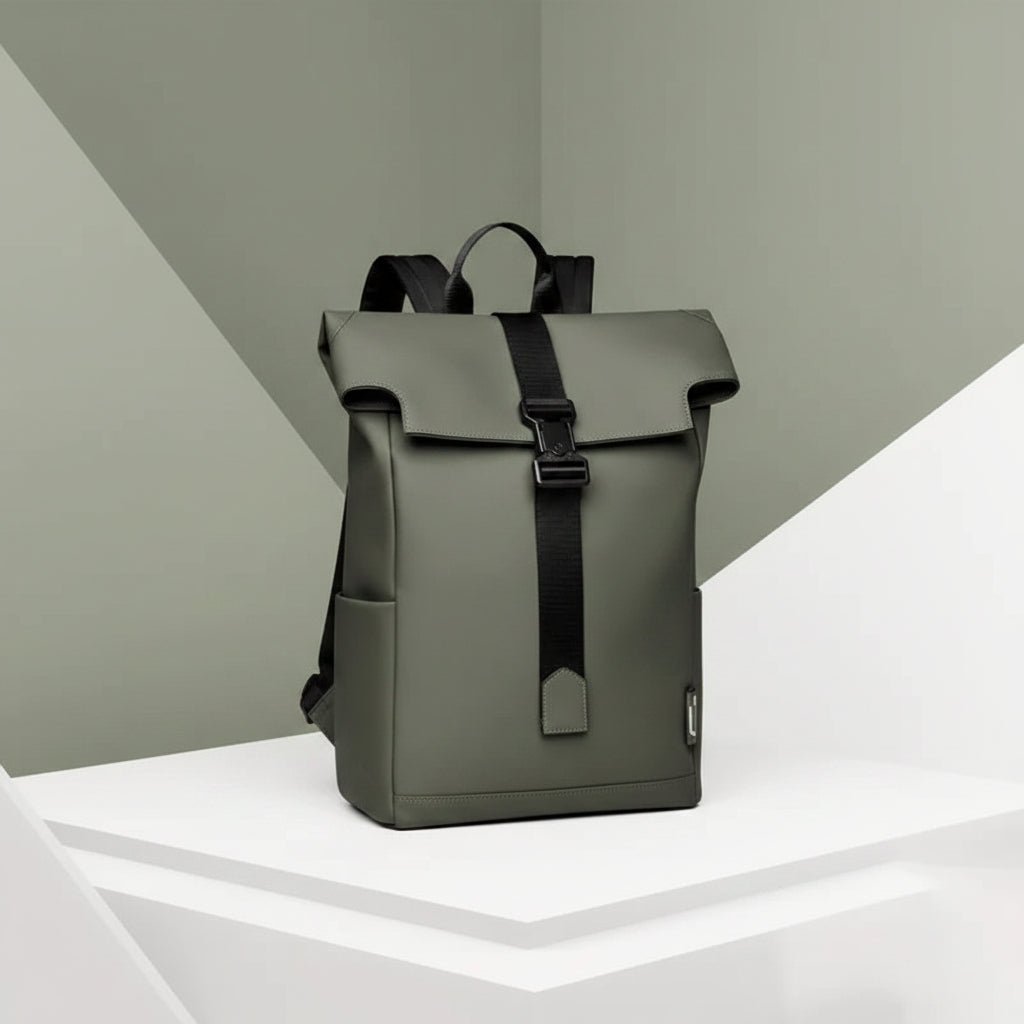 Waterproof travel backpack in minimalist black design featuring a USB charging port and roll-top closure, ideal for carrying laptops and daily essentials. 2