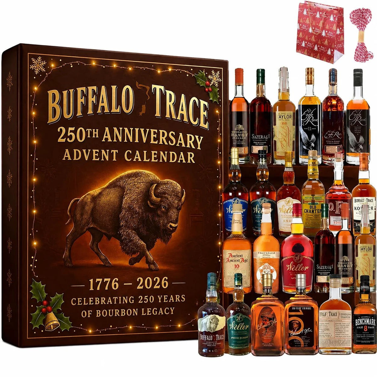 Whiskey Bourbon Advent Calendar featuring 24 mini bottle ornaments for a festive holiday countdown, crafted from durable acrylic for decoration. 4