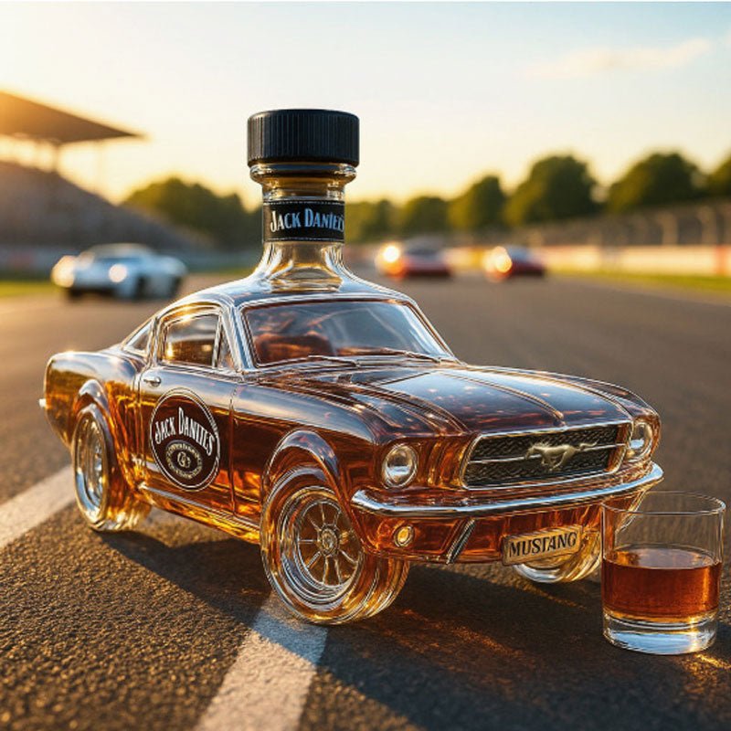 Whiskey decanter in Mustang car design, featuring a sleek glass body and intricate detailing, perfect for stylish home bar display and enhancing your spirits collection. 5