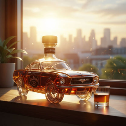 Whiskey decanter in Mustang car design, featuring a sleek glass body and intricate detailing, perfect for stylish home bar display and enhancing your spirits collection. 3