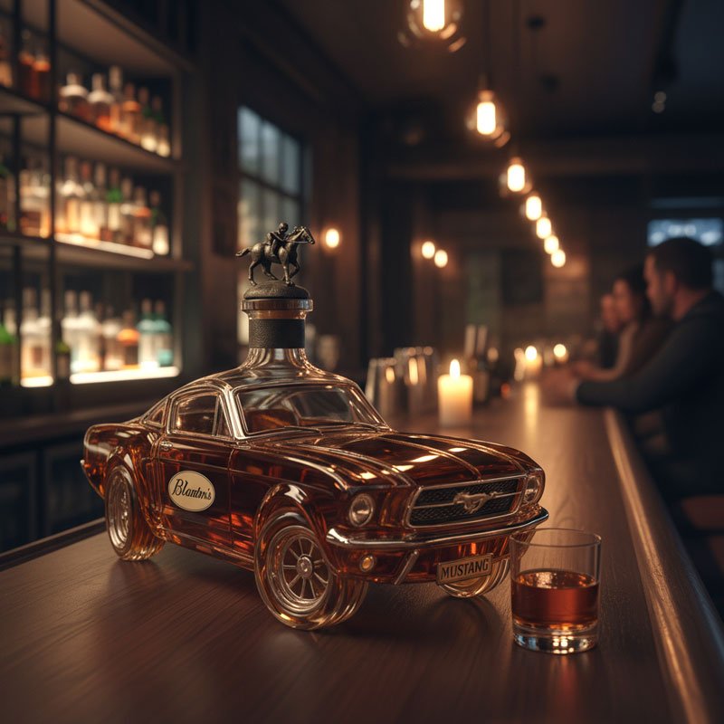 Whiskey decanter in Mustang car design, featuring a sleek glass body and intricate detailing, perfect for stylish home bar display and enhancing your spirits collection. 1