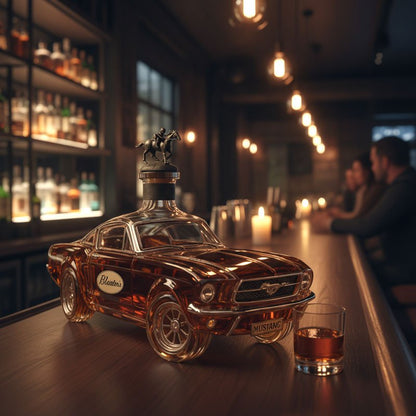 Whiskey decanter in Mustang car design, featuring a sleek glass body and intricate detailing, perfect for stylish home bar display and enhancing your spirits collection. 1