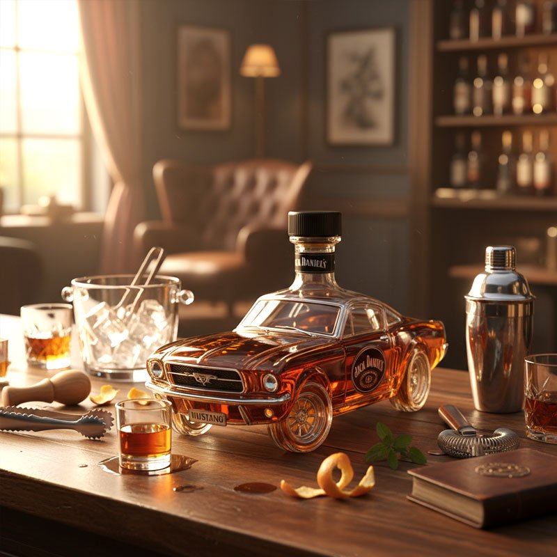 Whiskey decanter in Mustang car design, featuring a sleek glass body and intricate detailing, perfect for stylish home bar display and enhancing your spirits collection. 2