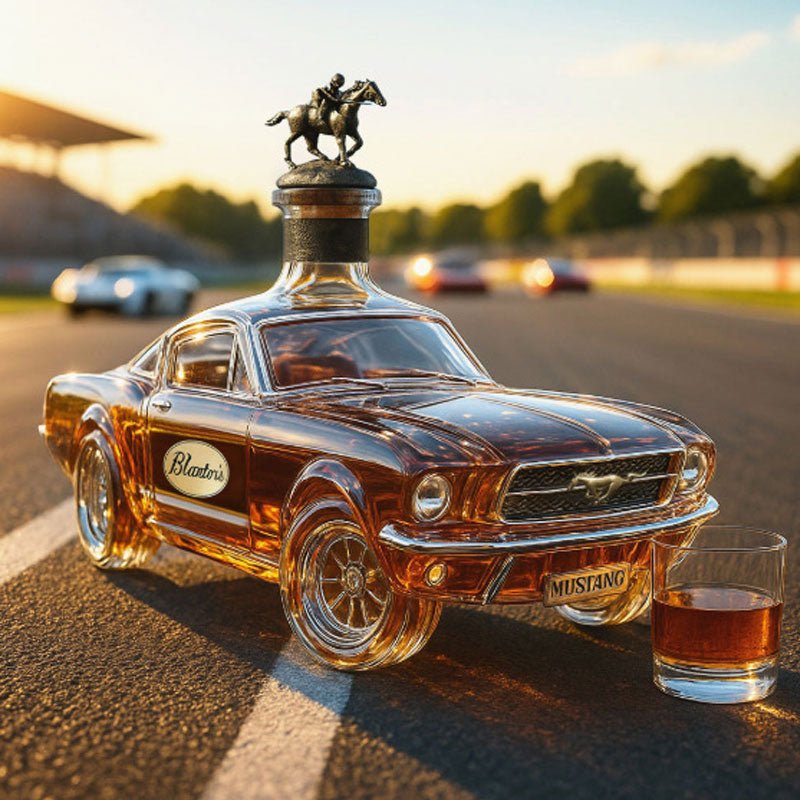 Whiskey decanter in Mustang car design, featuring a sleek glass body and intricate detailing, perfect for stylish home bar display and enhancing your spirits collection. 0