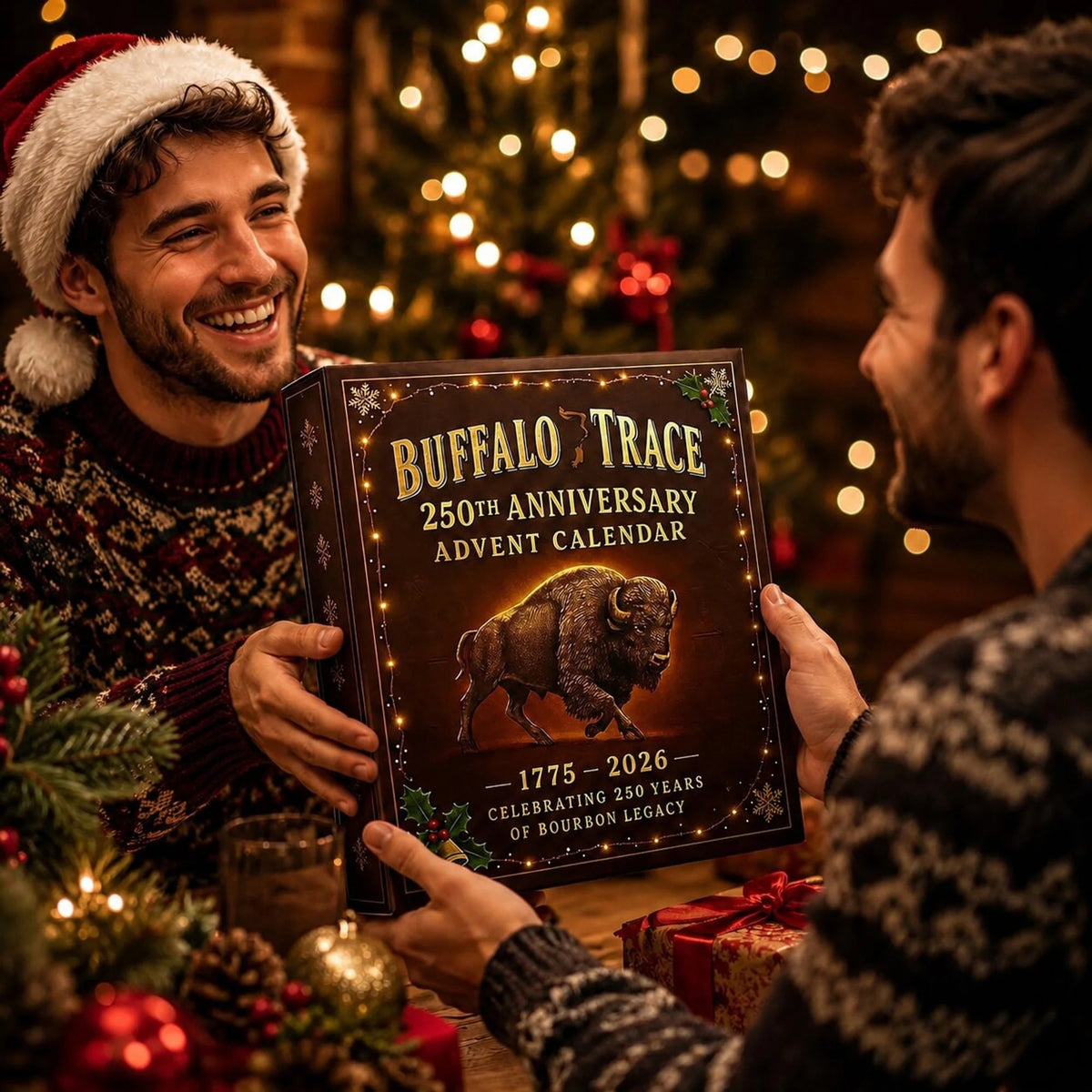 Whisky-themed advent calendar featuring 24 non-alcoholic surprises, perfect unique gift for men, showcasing festive design and delightful packaging. 1