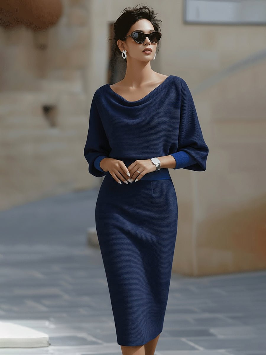 Elegant white midi dress featuring a stylish cowl neckline and flowing batwing sleeves, perfect for any formal occasion or evening event. 6