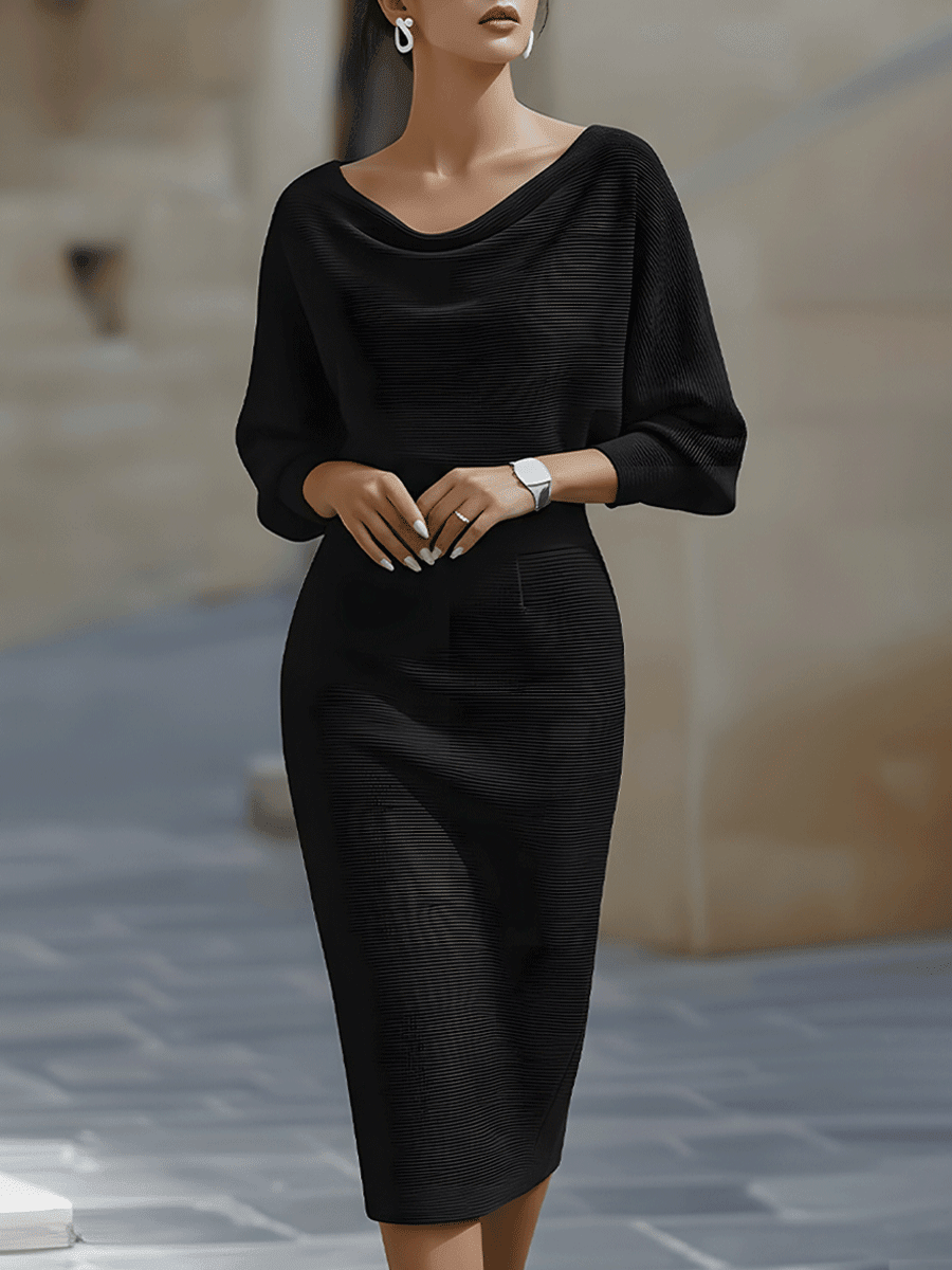 Elegant white midi dress featuring a stylish cowl neckline and flowing batwing sleeves, perfect for any formal occasion or evening event. 3