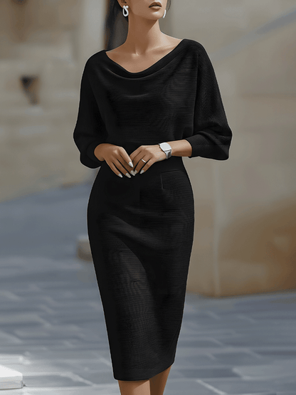 Elegant white midi dress featuring a stylish cowl neckline and flowing batwing sleeves, perfect for any formal occasion or evening event. 3