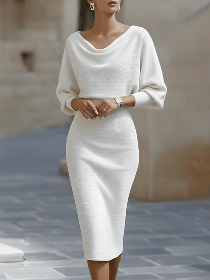 Elegant white midi dress featuring a stylish cowl neckline and flowing batwing sleeves, perfect for any formal occasion or evening event. 1