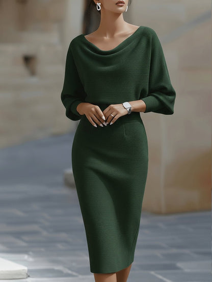 Elegant white midi dress featuring a stylish cowl neckline and flowing batwing sleeves, perfect for any formal occasion or evening event. 4